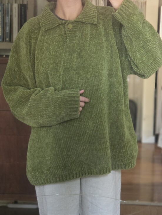 Stefano Ricci Sweaters - Stefano Ricci Olive Green Chenille Pullover Sweater with Button Collar
